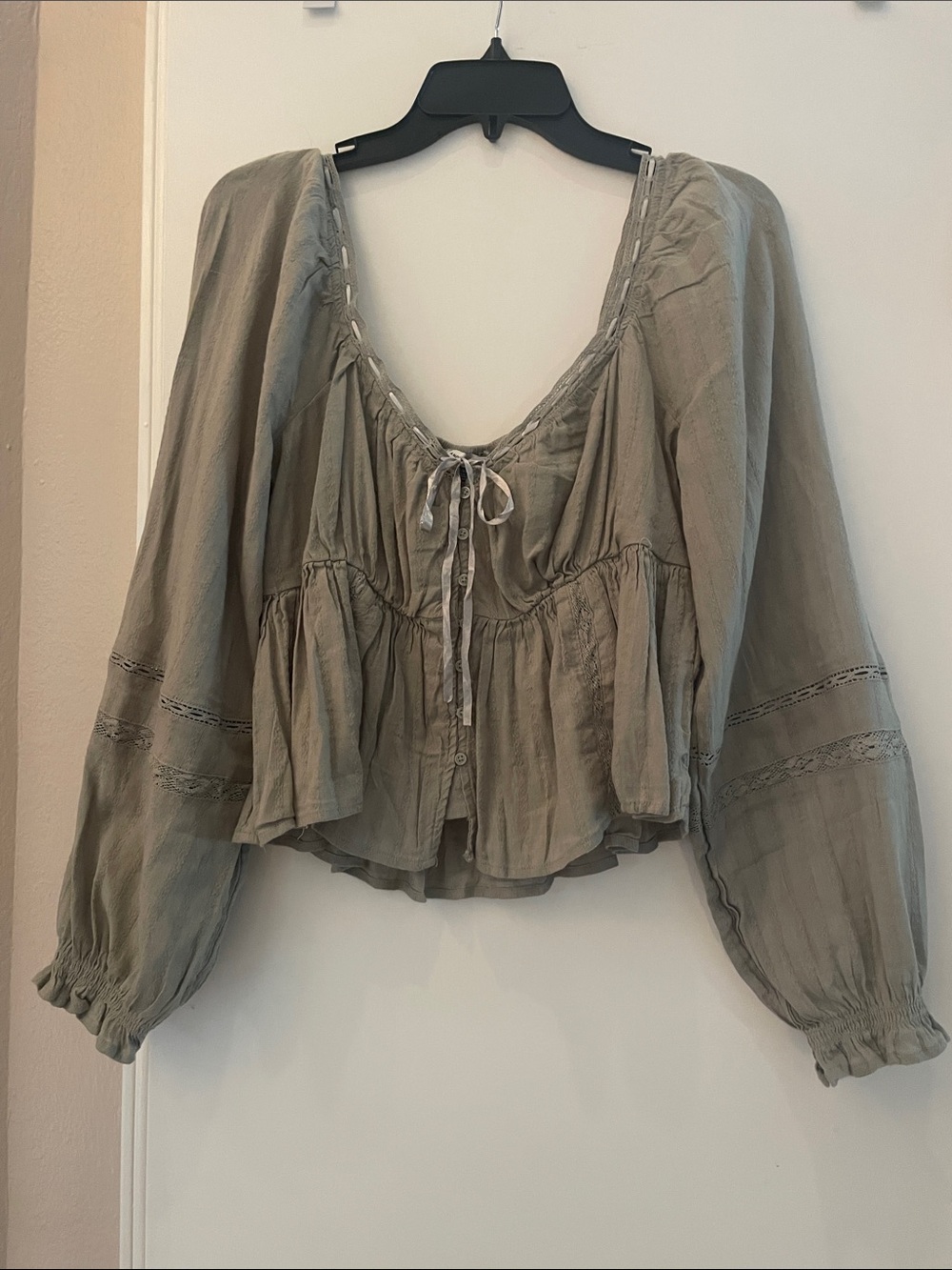 American Eagle Outfitters Sage Green Peasant Tie-Front Blouse